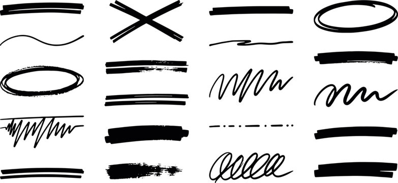 Black ink brush strokes lines underlines and circles set on white background with marker highlights hand drawn grunge marks text highlights scribble shapes design elements abstract