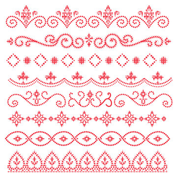 Red rhinestone hotfix border design set with elegant floral and geometric repeating seamless patterns for fashion apparel sarees and frame decoration