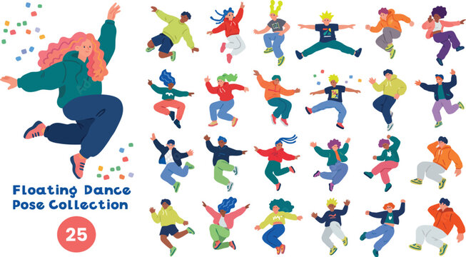 Floating dance pose collection, 25 jumping people vector set, diverse active characters in mid-air, energetic youth lifestyle illustrations