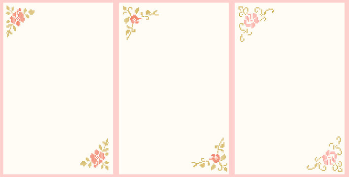 Cross-stitch embroidery floral border layout templates. A geometric pixelated needlework vintage blank background set. Cottagecore vertical stories, romantic letters, custom journal pages. Vector.