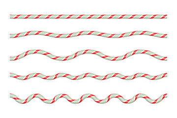 Naklejka premium Red, green and white candy cane ropes in various wave patterns. Festive twisted lines for Christmas borders, dividers, decorative holiday designs. Realistic vector illustrations set.
