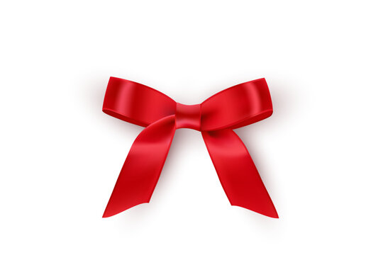 Red bow with ribbons isolated on white background. Gift wrapping decoration element. Present box decor. Festive realistic 3d vector illustration.