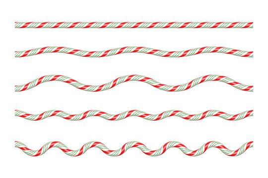 Red, green and white candy cane ropes in various wave patterns. Festive twisted lines for Christmas borders, dividers, decorative holiday designs. Realistic vector illustrations set.