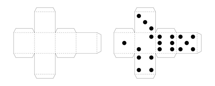 Dice cube set. Paper cube template with cut lines for crafting dice or gift boxes. Printable net layout offers simple blueprint to make geometric cardboard models for board games. Vector illustration.