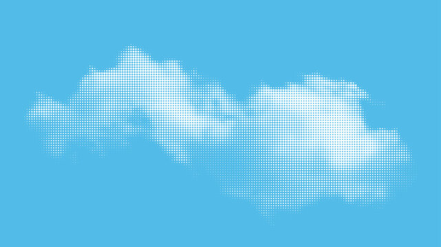 Cloud halftone background. White halftone texture cloud with grunge dots on blue sky creates vintage pop art backdrop. Summer sky pattern for retro comic book designs. Abstract vector illustration.