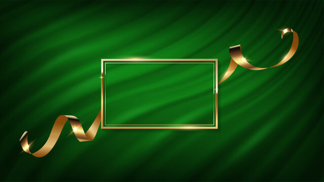 Award background. Gold award frame with golden silk ribbon on green curtain backdrop and empty space in center. Elegant luxury vector illustration, banner for event, winner ceremony, invitation, VIP