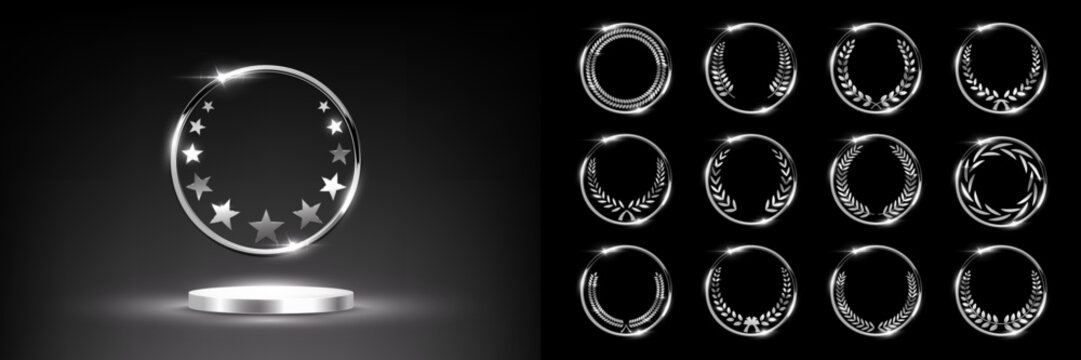 Silver award podium with star laurel wreath in glowing round frame and set of different wreaths. Luxury templates for product presentation, winner ceremony, branding. Elegant vector illustration.
