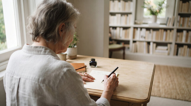 Senior woman sitting at a desk and writing a letter with a pen in a cozy room with bookshelves