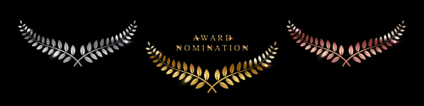 Laurel award wreath set. Shiny golden, silver and bronze leaves branches with award nomination text on dark. Award nomination,winners ceremony, recognition program. Elegant luxury vector illustration.