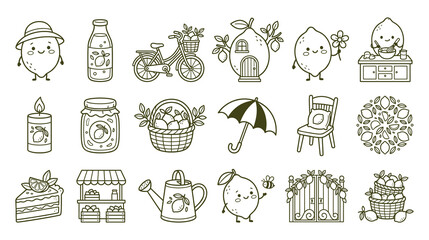 Fototapeta premium Lemon character life and citrus garden lifestyle line art set.
