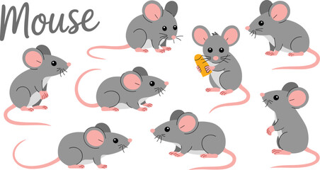 Naklejka premium Set of cute vector gray mouse icons in various poses eating cheese isolated on white background illustration