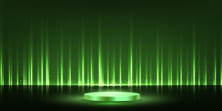 Award podium with curtain backdrop and sparkling light rays. Luxury elegant green stage for winners, champions, and premium ceremony celebrations with silk drapes. Vector illustration.