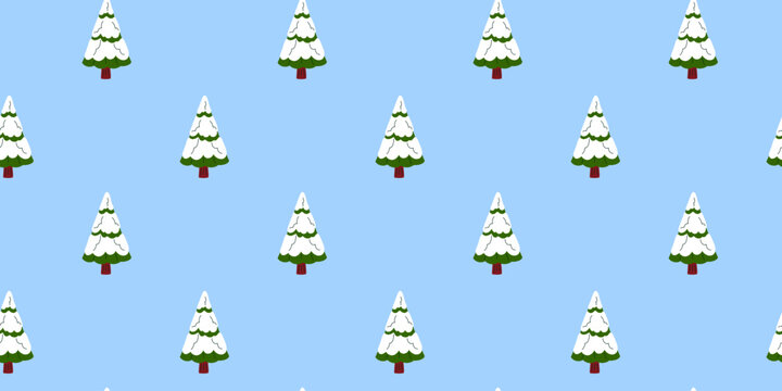 Seamless winter pattern with snow-covered fir trees on a blue background for nursery playroom, fabric, decor