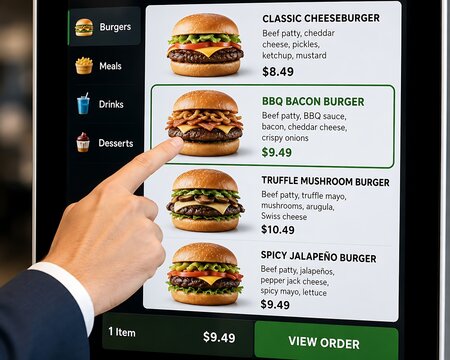 A customer using a digital self service kiosk screen to order fast food burgers at a restaurant
