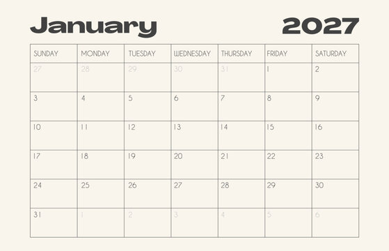 January 2027 monthly calendar template horizontal landscape layout. Minimalist vintage bold typography printable month planner with Sunday start for winter holiday and office planning.