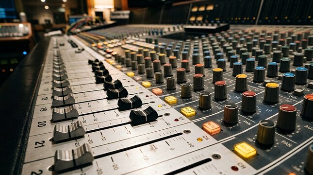 Low Angle Close Up View of Professional Analog Audio Mixing Console Faders Knobs and Control Panel audio mixing console mixer analog sound studio music board faders knobs buttons control panel low