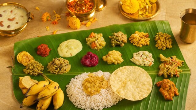 Traditional Onam sadhya feast served on a banana leaf