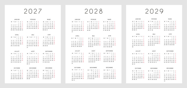 2027 2028 2029 French calendar template set. Minimalist 3 year annual calendar planner layout with 12 months overview in French language for home and office planning.