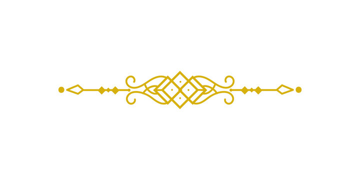 Golden vintage decorative divider with ornate filigree and geometric diamond pattern isolated on transparent background