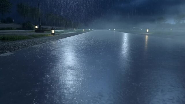 Rainy night on empty road with glowing lanterns and reflections on wet asphalt moody atmosphere