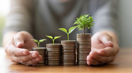 Fototapeta premium Hands cradling stacks of coins with growing plants symbolizing financial growth and investment success concepts