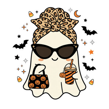 Cute ghost wearing leopard print bandana and sunglasses holding pumpkin bag and drink