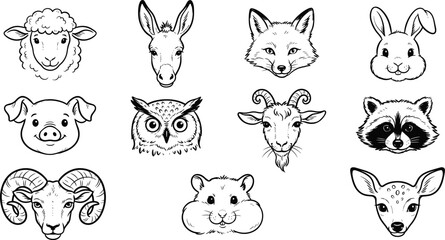 Fototapeta premium Animal Faces Line Art Set Hand Drawn Farm and Wild Animals Icons