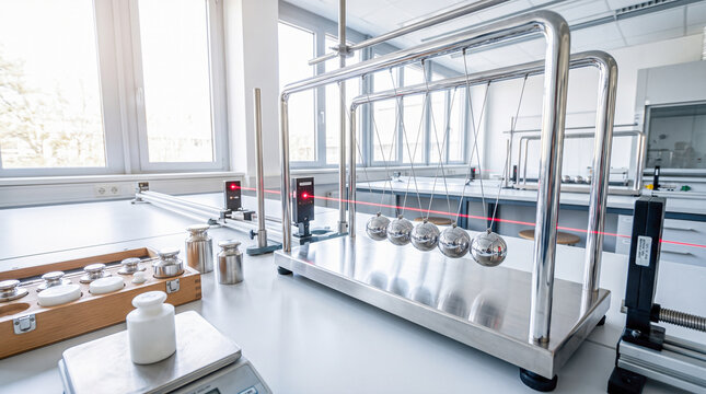 Metal pendulum balls swinging through straight red laser beam over white laboratory desk near heavy brass calibration weights inside modern university