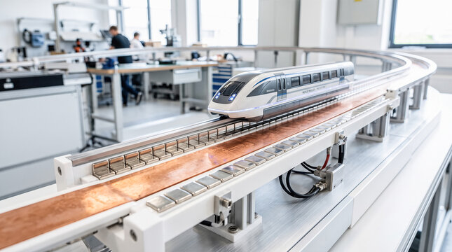 Scale miniature prototype maglev train model moving along copper test track installed inside bright engineering laboratory while researchers work behind