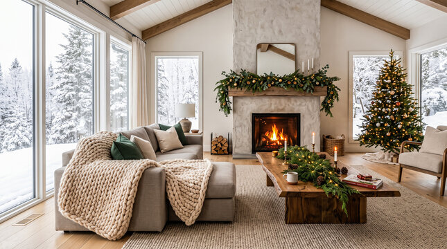 Warm fire burning inside stone fireplace illuminating cozy living room featuring decorated pine tree chunky knitted blanket green pillows resting across beige sofa