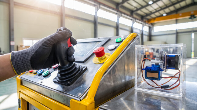 Gloved hand operating black heavy machinery joystick control panel red emergency stop button modern industrial factory background manufacturing facility equipment