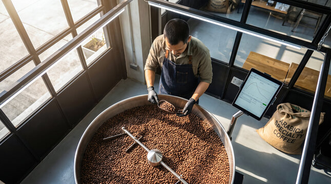 Professional male barista wearing apron using metal scoop while checking fresh brown roasted beans inside large industrial machine within modern specialty coffee shop