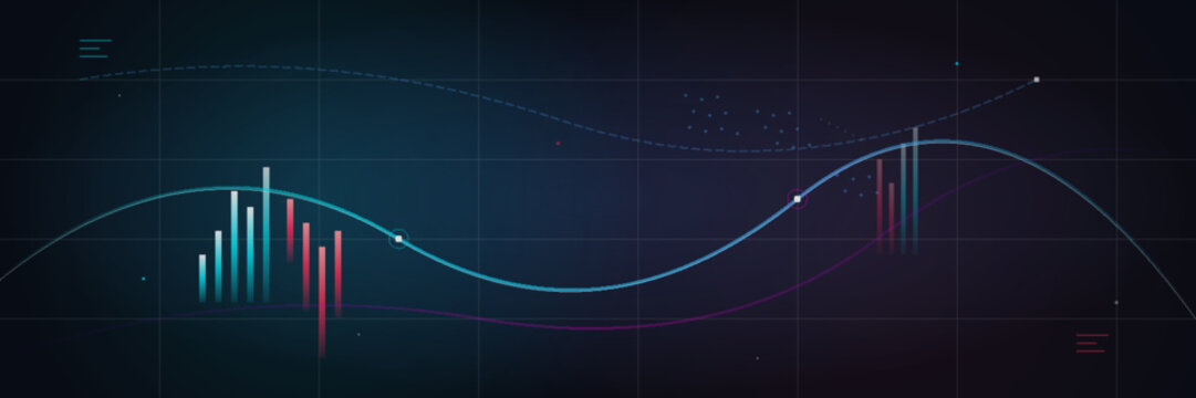 Abstract financial chart with glowing bar graphs and dynamic trend lines on a dark digital background