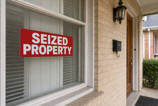 Red Seized Property Warning Sign On A Residential Window Of A Brick Home, Financial Foreclosure And Legal Asset Confiscation