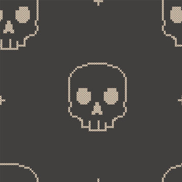 Gothic cross stitch Halloween seamless pattern. Embroidery folk art texture. Repeatable skull motif on dark backdrop for digital scrapbooking, autumn textiles, and eerie surface design.