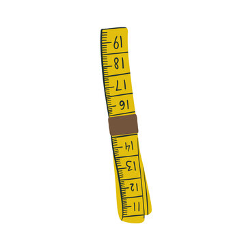 Hand drawn yellow measuring tape illustration with black measurement marks and brown band. Sewing and tailoring tool isolated on white, ideal for craft, textile and dressmaking designs
