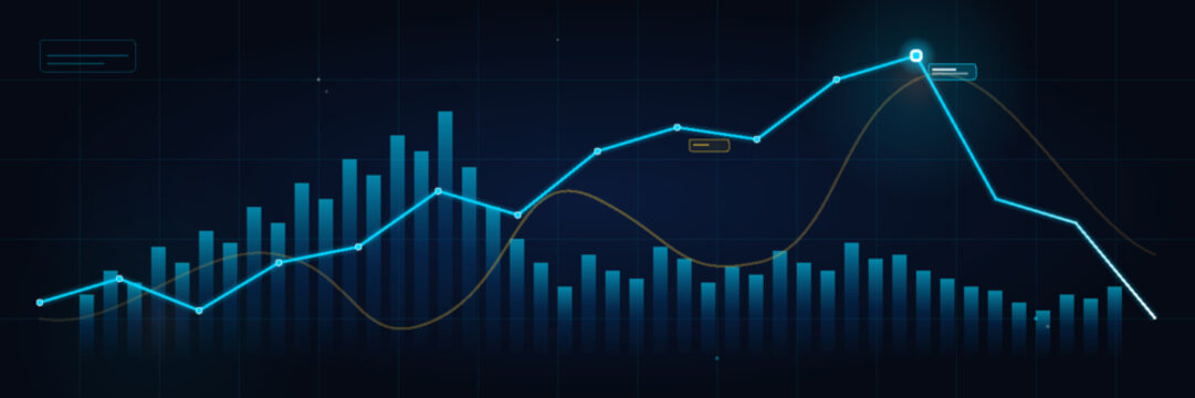 Futuristic financial dashboard with bar charts and line graphs showing market fluctuations on a dark digital background
