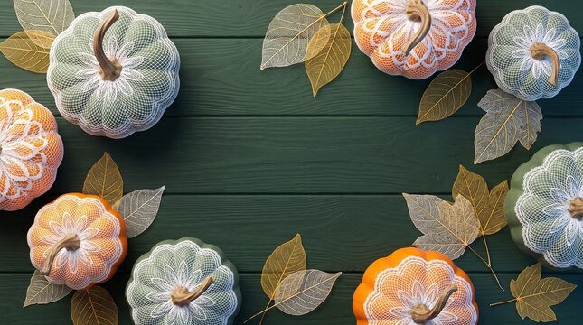 Autumn Pumpkin Flat Lay Background on Dark Green Wood with Golden Lace Skeleton Leaves Copy Space