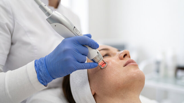 Professional cosmetologist aesthetic treatment including botox, mesotherapy, dermastamp, laser hair removal, facial cleansing, hydra facial, face massage, peeling, and an anti-age procedure on a femal