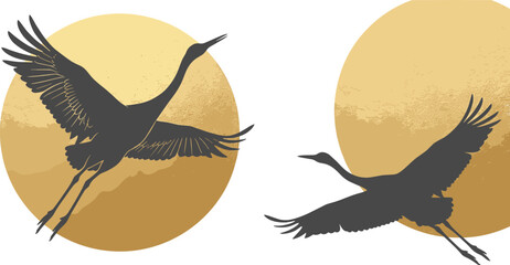 Naklejka premium Flying Crane Silhouette with Golden Sun Circle Vector Illustration Set