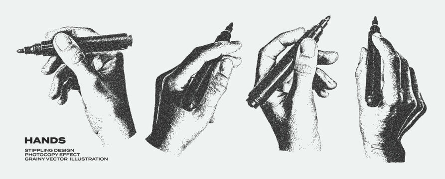 Vintage monochrome set of human hands holding black permanent marker pens with grunge stippling effect. Retro grainy illustrations. Trendy photocopy dots art in halftone tones for creative design