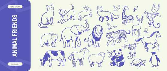 Naklejka premium Animal Friends Vector Set, Hand Drawn Wild & Domestic Animals Illustration Collection, Elephant, Lion, Tiger, Cute Cat, Dog, Panda, Horse, Deer Line Art Doodle Clipart Graphic Design