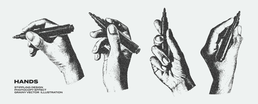 Retro monochrome elements set of hands holding permanent marker pens with grunge stippling effect. Vintage grainy texture illustrations. Trendy photocopy dots art in halftone tones for creative design