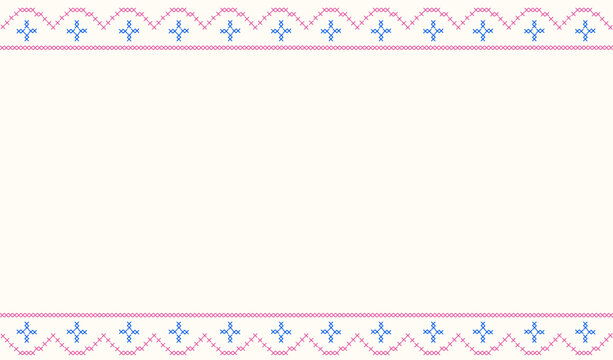 Background with cross-stitch embroidery colorful geometric border. Horizontal banner with pixelated needlework vintage frame decoration. Cottagecore greeting card layout, handmade craft folk header.