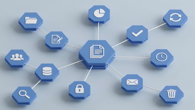 Digital document management system with connected business workflow icons on blue background.