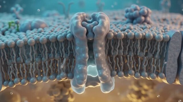 Detailed 3D rendering of a biological cell membrane with an embedded protein channel, illustrating cellular transport mechanisms.