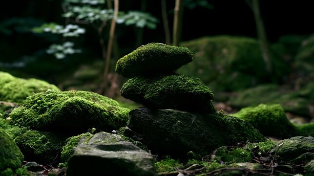Stacked moss covered stones in a dim forest  with soft greenery and natural shadows creating a serene woodland scene