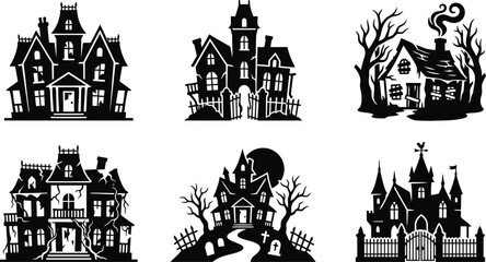 Fototapeta premium Collection of spooky haunted houses silhouetted against a dark background during Halloween night