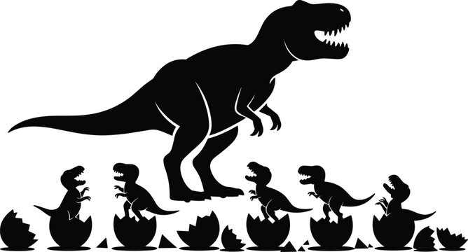 Silhouette of a large tyrannosaurus rex dinosaur standing over a group of small baby dinosaurs hatching from eggs on a plain white background