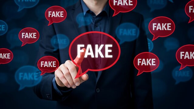 Businessman touching fake news bubble icon to identify misinformation and digital fraud